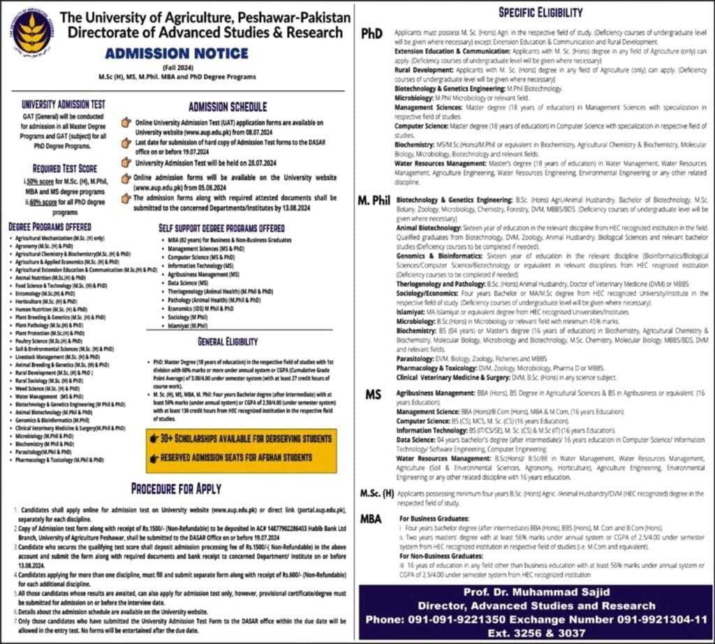 The University of Agriculture, Peshawar (UAP) Admission Open