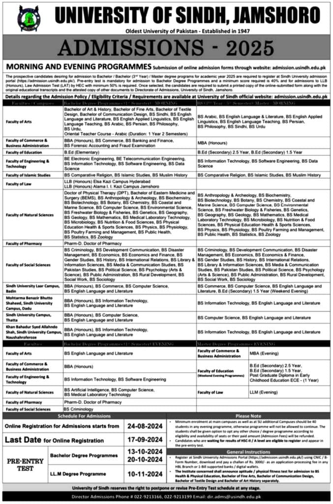 University of Sindh, Jamshoro Admission Open 2025