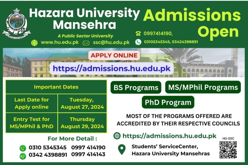 Hazara University, MansehraAdmissions Fall 2024