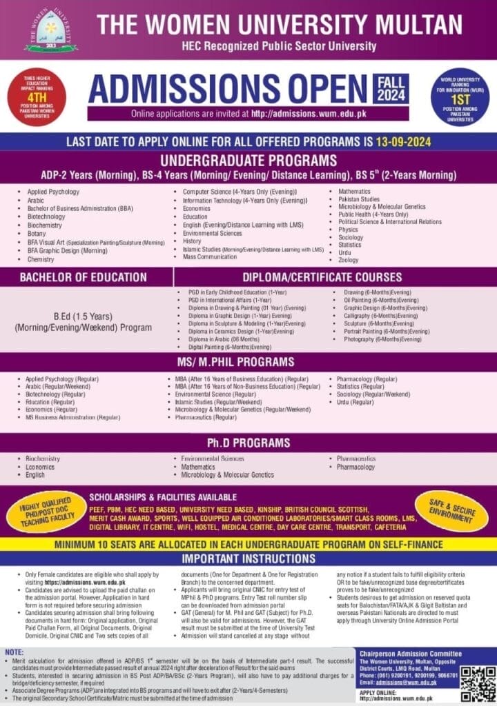 The Women University, Multan (WUM)*Admissions Fall 2024