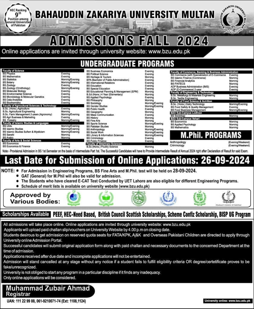 Bahauddin Zakariya University (BZU), Multan Admission open