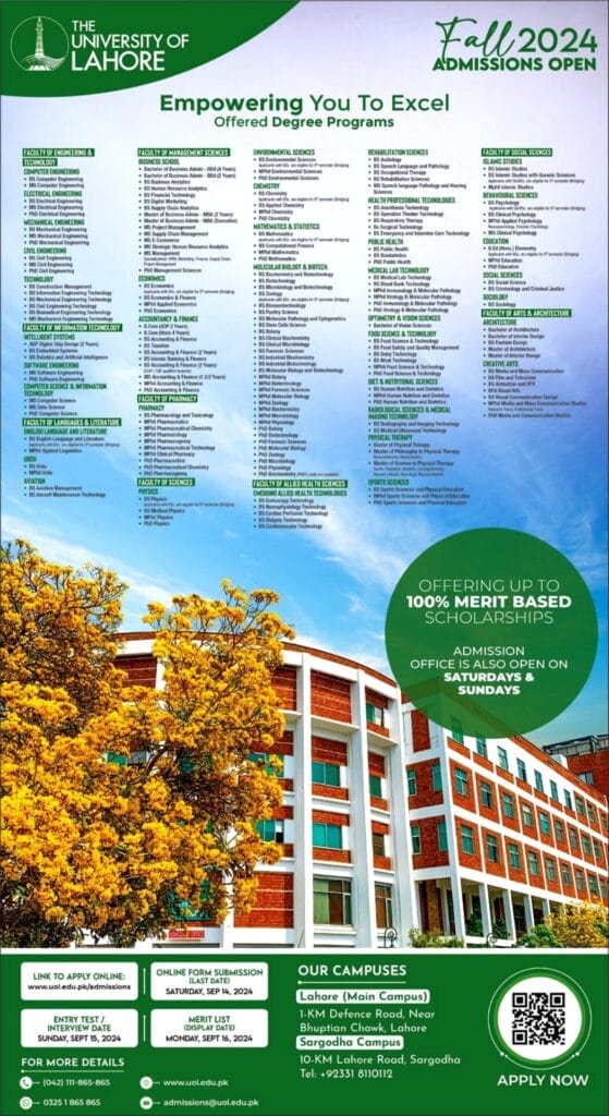 The University of Lahore (UOL), Lahore*Admissions Fall